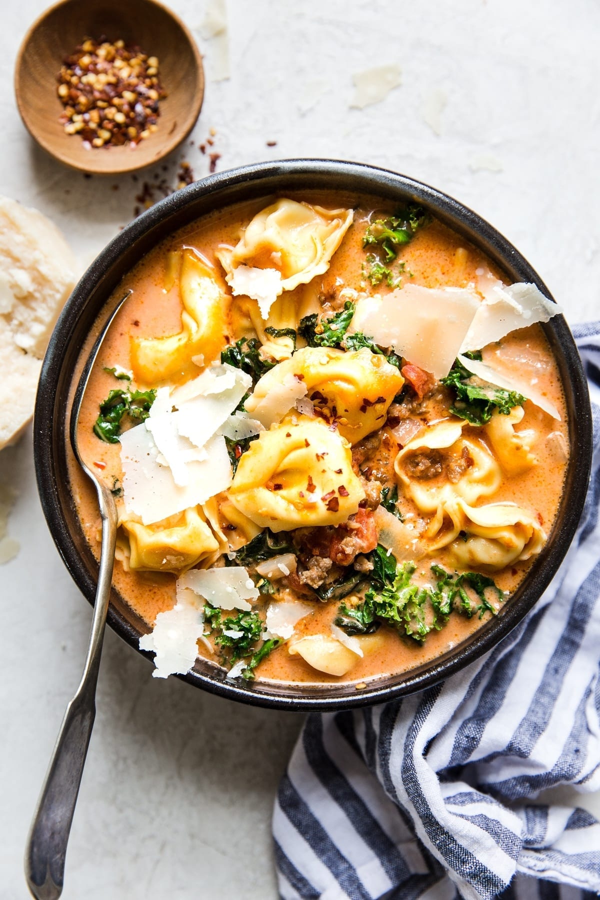 creamy tomato tortellini soup with sausage and kale 15